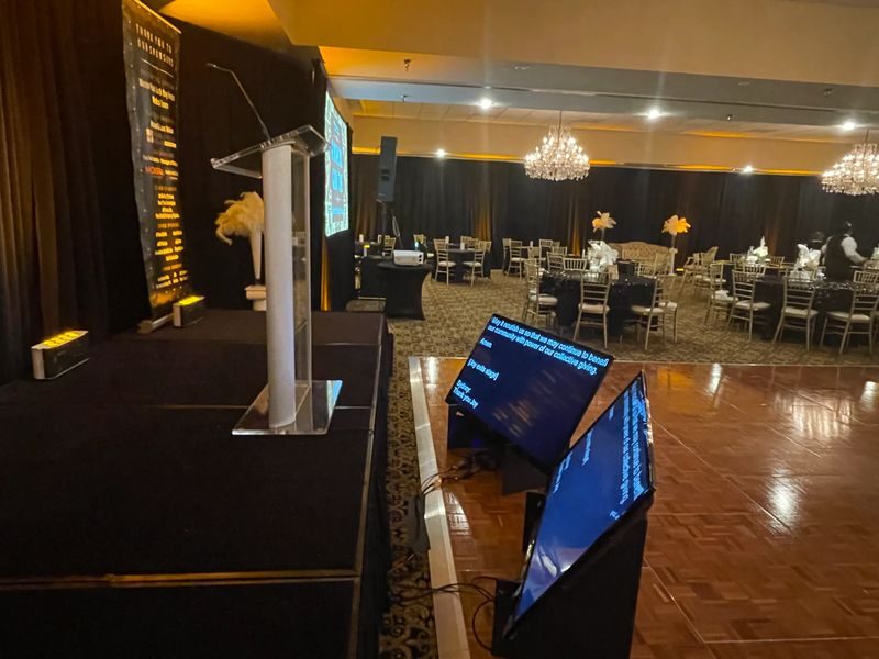 Podium with presidential glass teleprompter in a ballroom